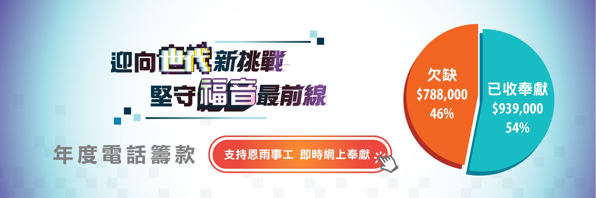 恩雨年度電話籌款，尚欠經費78萬8千元，佔全年經費46%